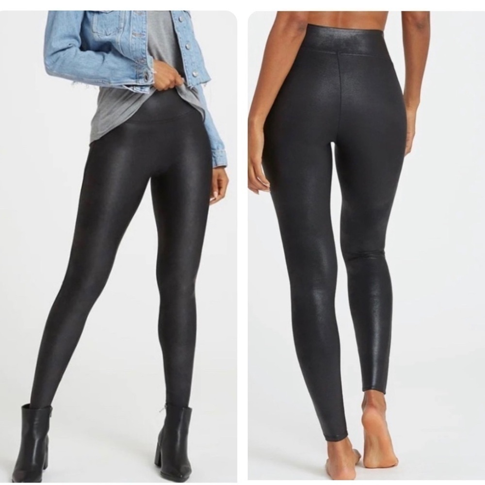 Spanx Shimmer Leggings Black High Rise Stretch Pull On metallic size L Pettite